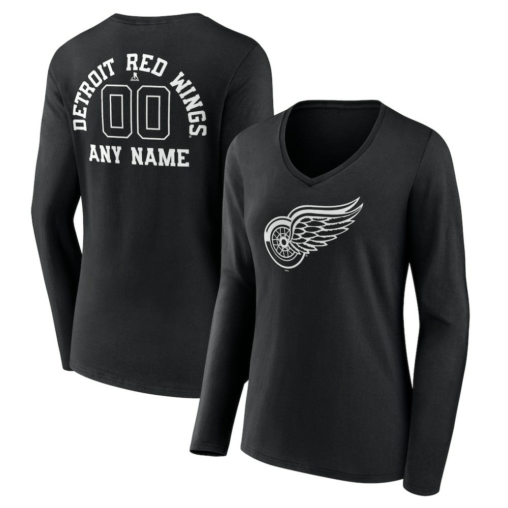Detroit Red Wings Women's Personalized Name & Number Monochrome Long Sleeve V-Neck T-Shirt - Black | US 201281479
