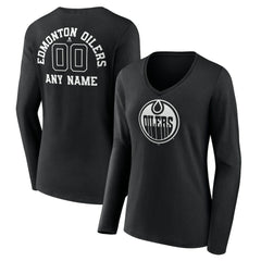 Edmonton Oilers Women's Personalized Name & Number Monochrome Long Sleeve V-Neck T-Shirt - Black | US 201281485