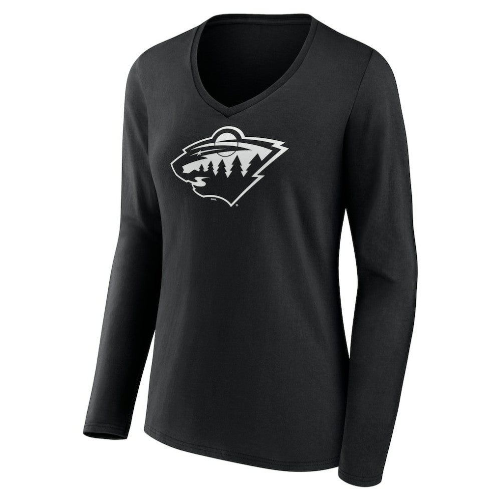 Minnesota Wild Women's Personalized Name & Number Monochrome Long Sleeve V-Neck T-Shirt - Black | US 201281503