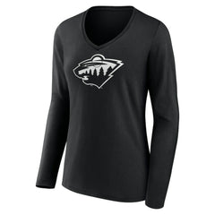 Minnesota Wild Women's Personalized Name & Number Monochrome Long Sleeve V-Neck T-Shirt - Black | US 201281503