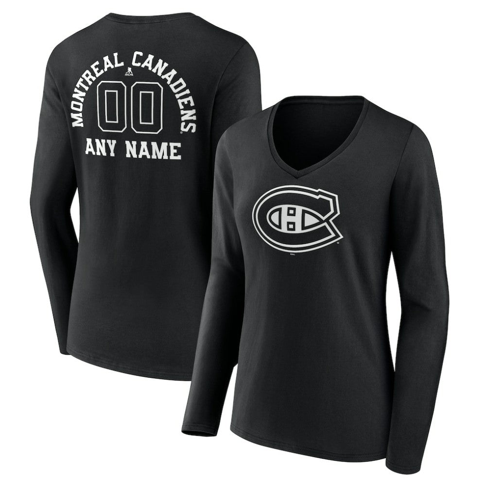 Montreal Canadiens Women's Personalized Name & Number Monochrome Long Sleeve V-Neck T-Shirt - Black | US 201281509