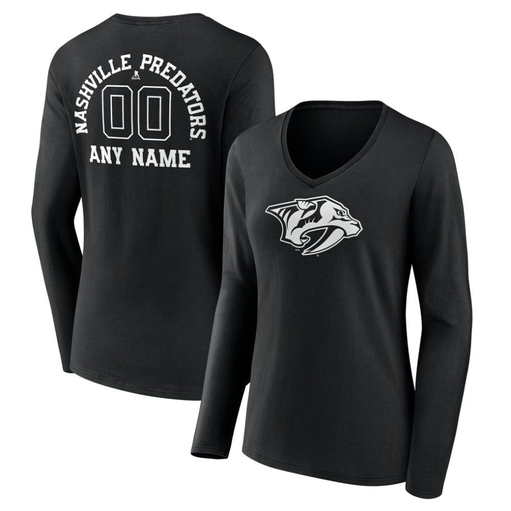 Nashville Predators Women's Personalized Name & Number Monochrome Long Sleeve V-Neck T-Shirt - Black | US 201281515