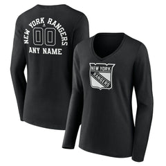 New York Rangers Women's Personalized Name & Number Monochrome Long Sleeve V-Neck T-Shirt - Black | US 201281533