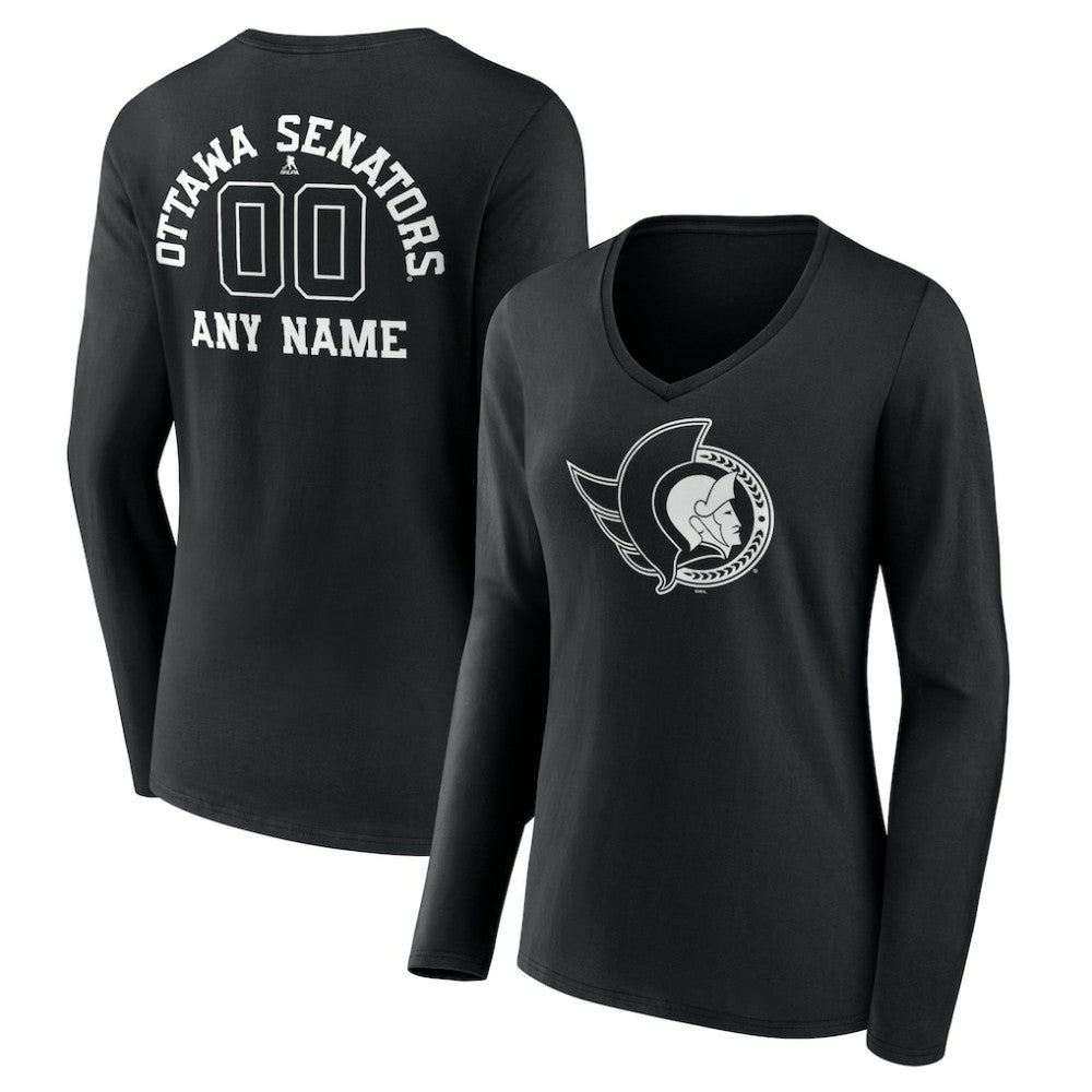 Ottawa Senators Women's Personalized Name & Number Monochrome Long Sleeve V-Neck T-Shirt - Black | US 201281539
