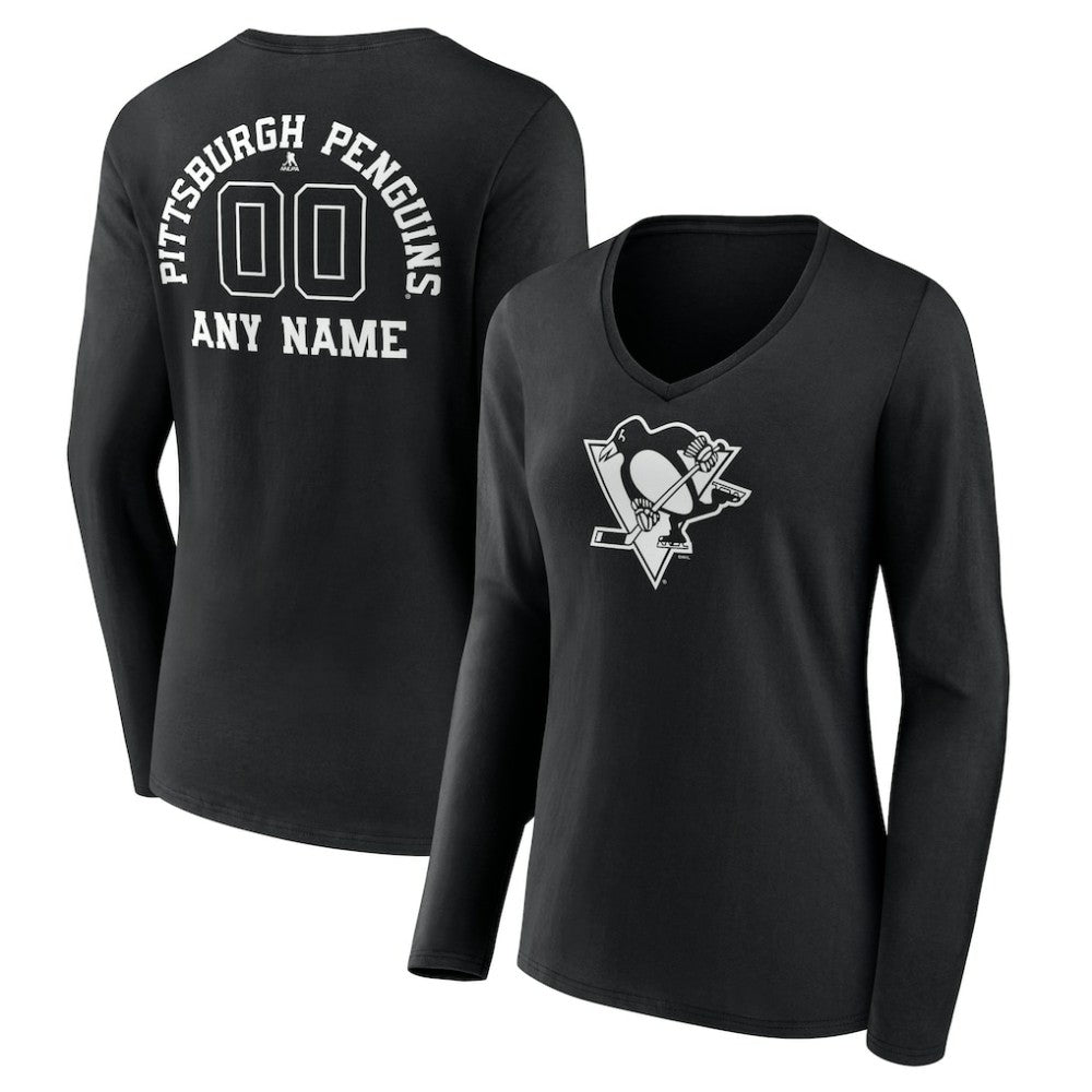 Pittsburgh Penguins Women's Personalized Name & Number Monochrome Long Sleeve V-Neck T-Shirt - Black | US 201281551