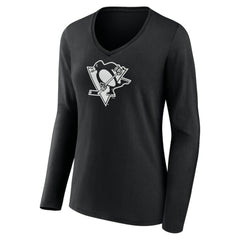 Pittsburgh Penguins Women's Personalized Name & Number Monochrome Long Sleeve V-Neck T-Shirt - Black | US 201281551