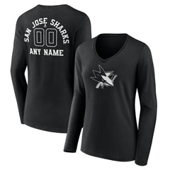 San Jose Sharks Women's Personalized Name & Number Monochrome Long Sleeve V-Neck T-Shirt - Black | US 201281557
