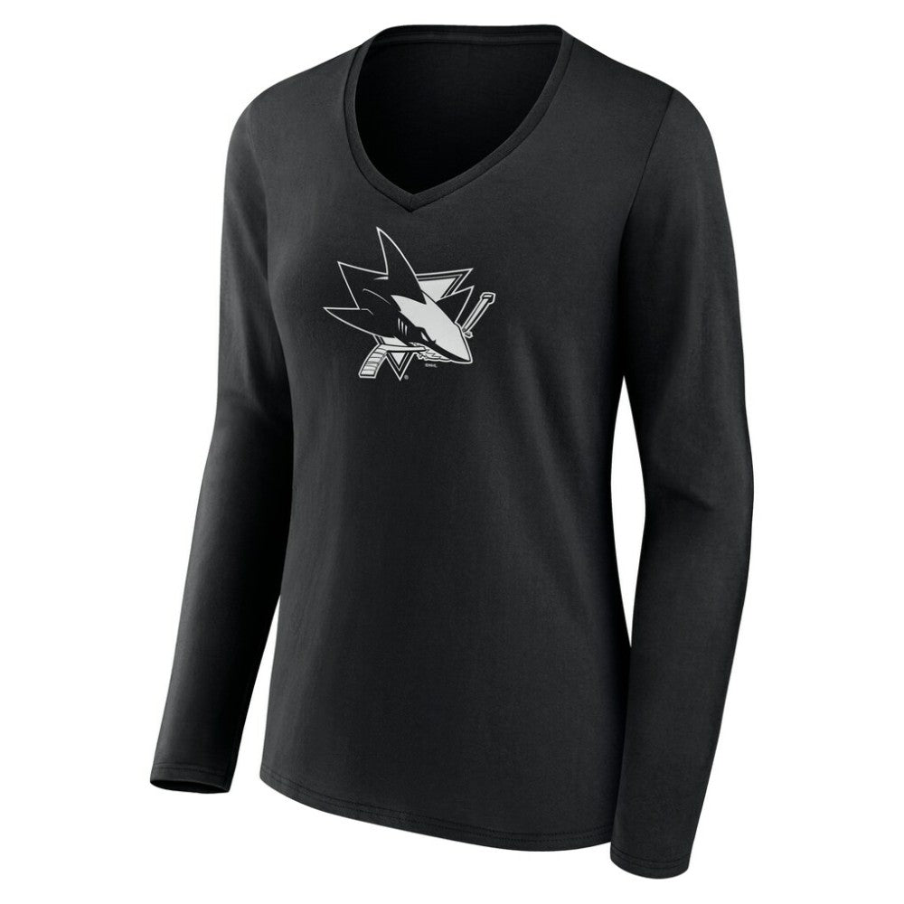 San Jose Sharks Women's Personalized Name & Number Monochrome Long Sleeve V-Neck T-Shirt - Black | US 201281557