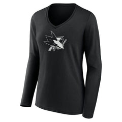 San Jose Sharks Women's Personalized Name & Number Monochrome Long Sleeve V-Neck T-Shirt - Black | US 201281557