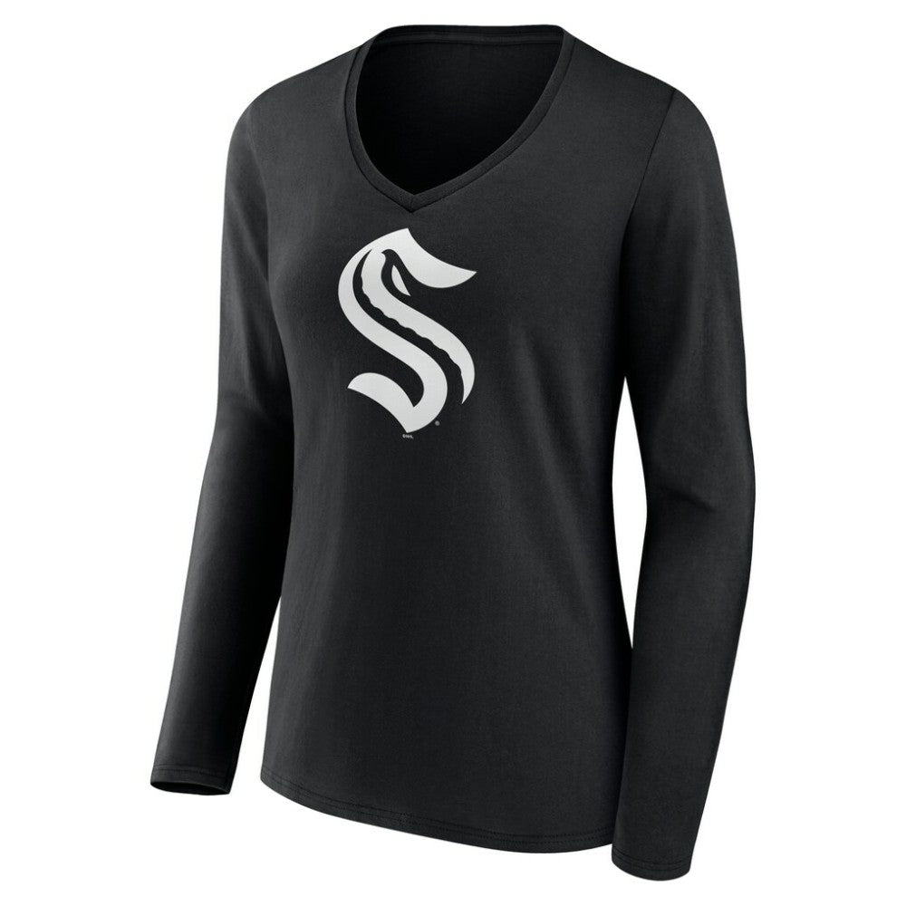 Seattle Kraken Women's Personalized Name & Number Monochrome Long Sleeve V-Neck T-Shirt - Black | US 201281563