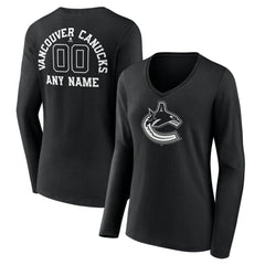 Vancouver Canucks Women's Personalized Name & Number Monochrome Long Sleeve V-Neck T-Shirt - Black | US 201281587