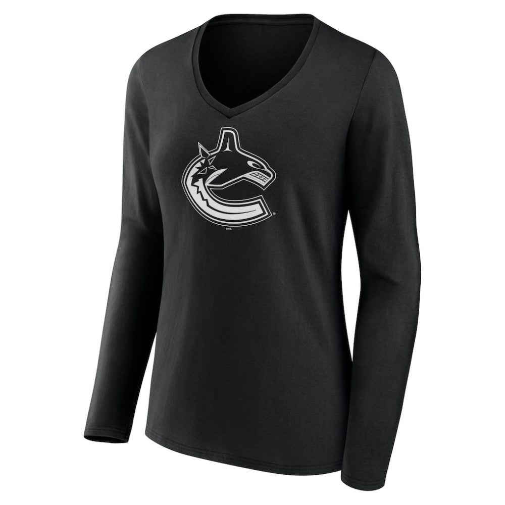 Vancouver Canucks Women's Personalized Name & Number Monochrome Long Sleeve V-Neck T-Shirt - Black | US 201281587