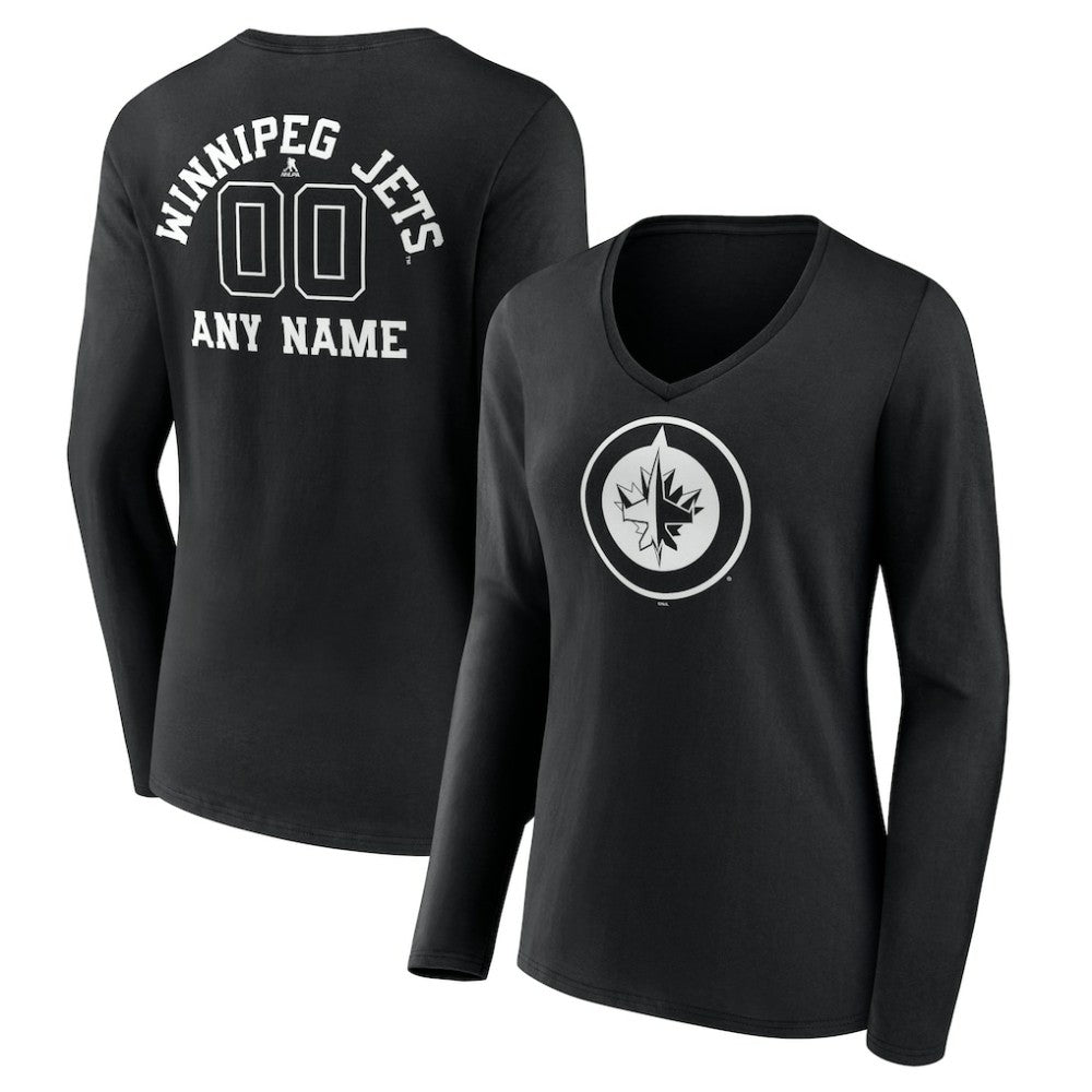 Winnipeg Jets Women's Personalized Name & Number Monochrome Long Sleeve V-Neck T-Shirt - Black | US 201281605