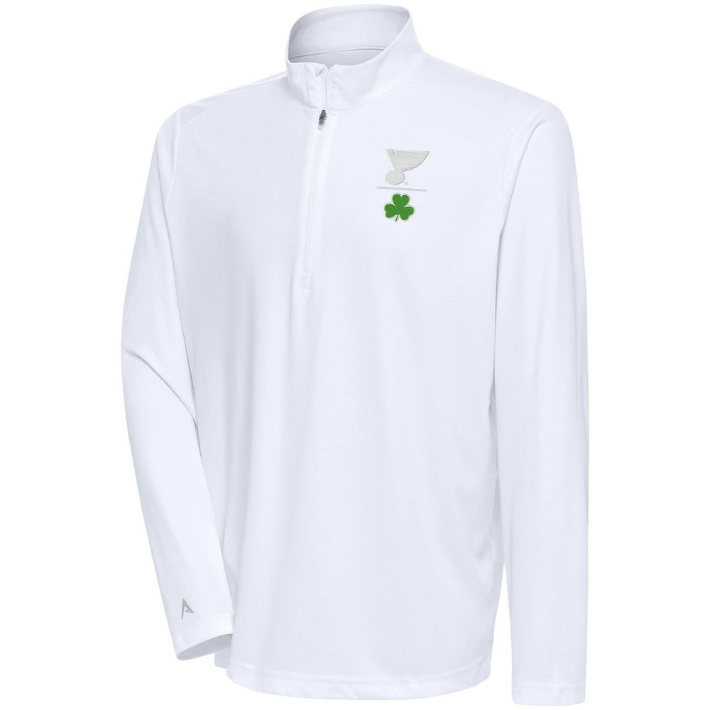 St. Louis Blues Antigua Shamrock Tribute Quarter-Zip Pullover Top - White | US 201296845
