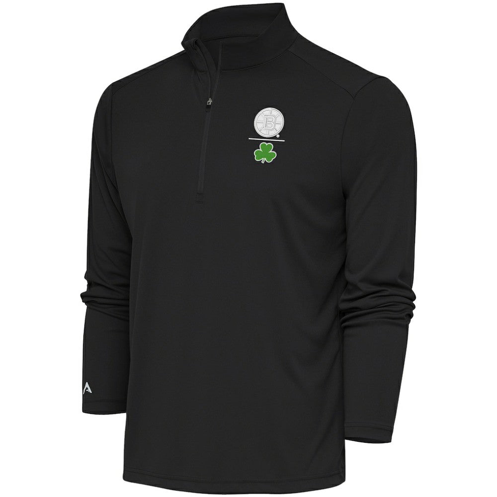Boston Bruins Antigua Shamrock Tribute Quarter-Zip Pullover Top - Charcoal | US 201296854