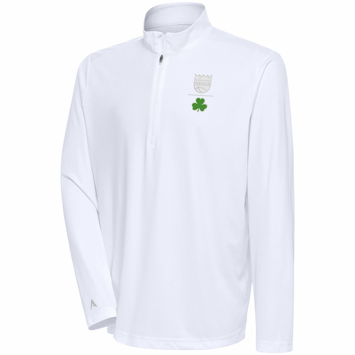 Sacramento Kings Antigua Shamrock Tribute Quarter-Zip Pullover Top White