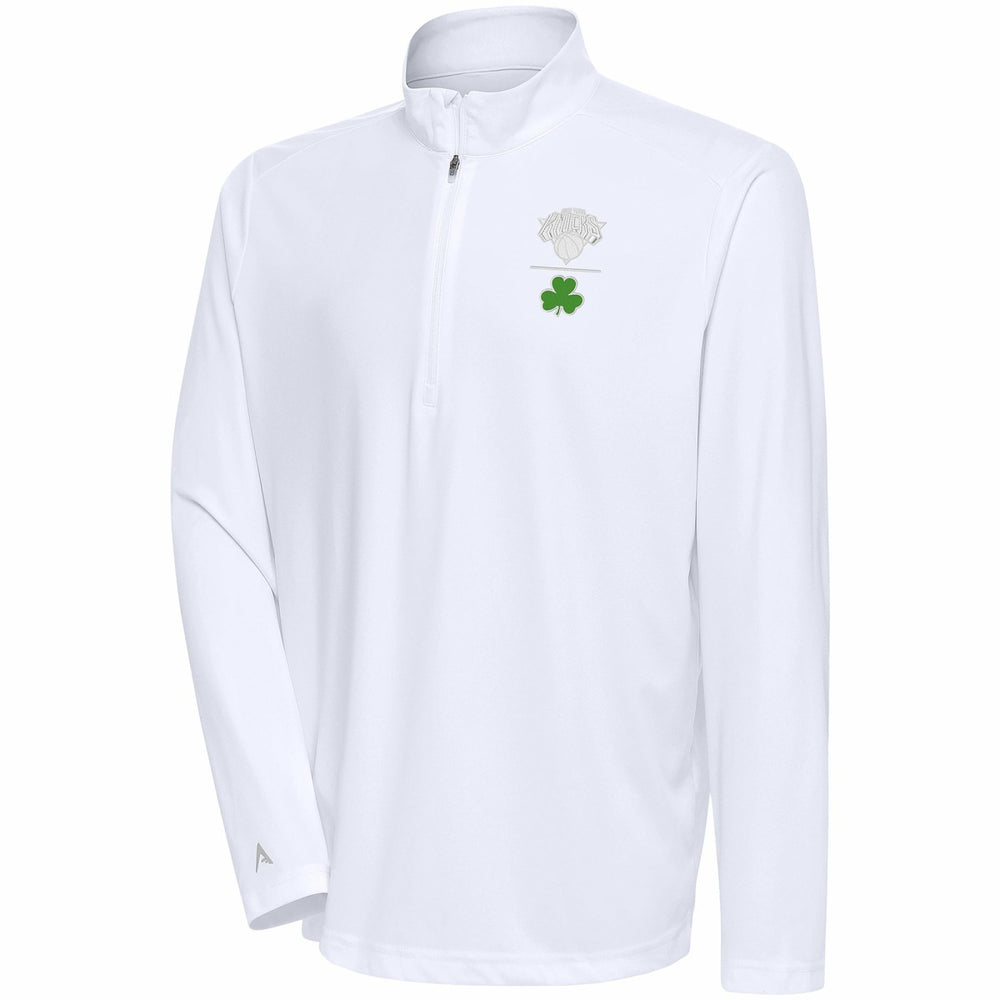 New York Knicks Antigua Shamrock Tribute Quarter-Zip Pullover Top White