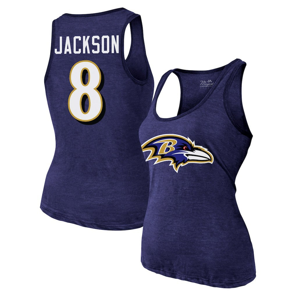 Lamar Jackson Baltimore Ravens Majestic Threads Women's Name & Number Tri-Blend Tank Top - Purple Tops
