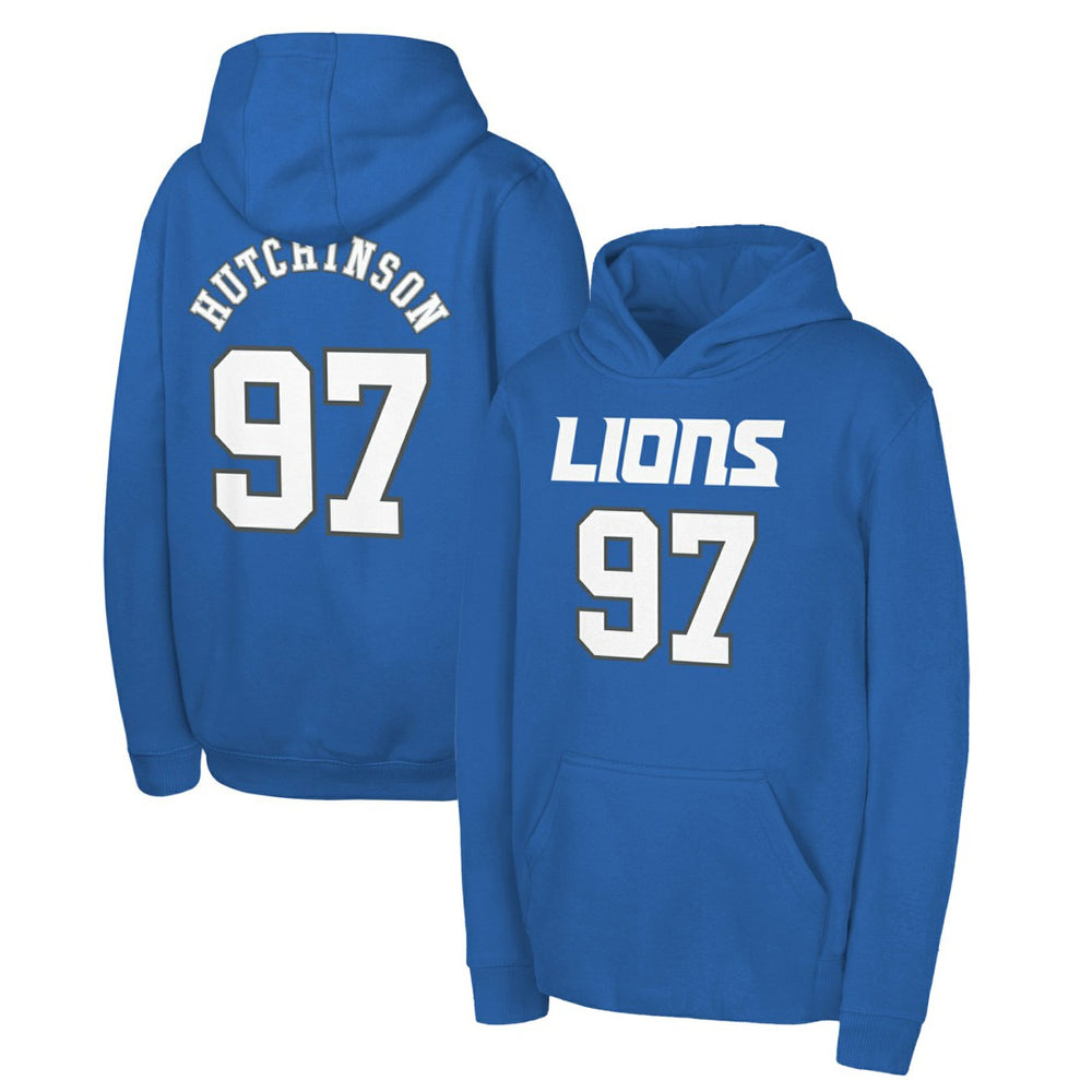 Aidan Hutchinson Detroit Lions Youth Mainliner Player Name & Number Pullover Hoodie - Blue Hoodies