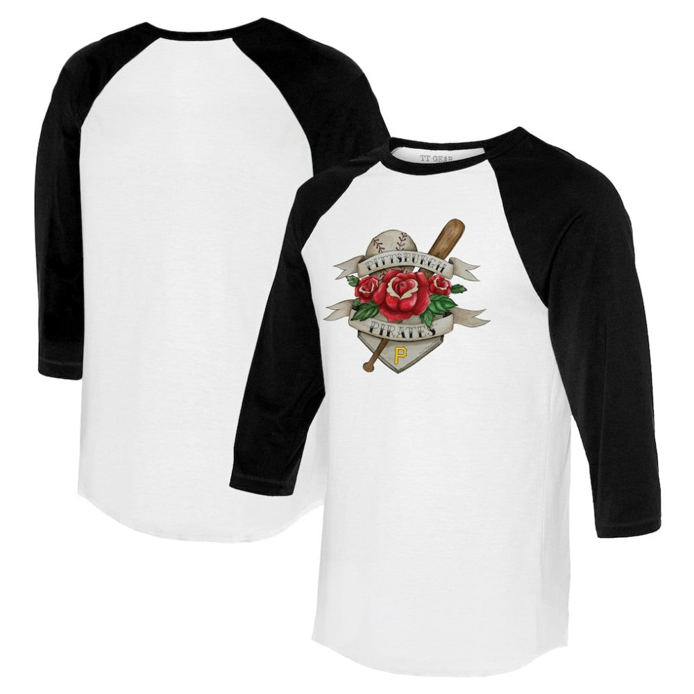 Pittsburgh Pirates Tiny Turnip Unisex American Traditional Rose 3/4-Sleeve Raglan T-Shirt - White/Black T-shirts