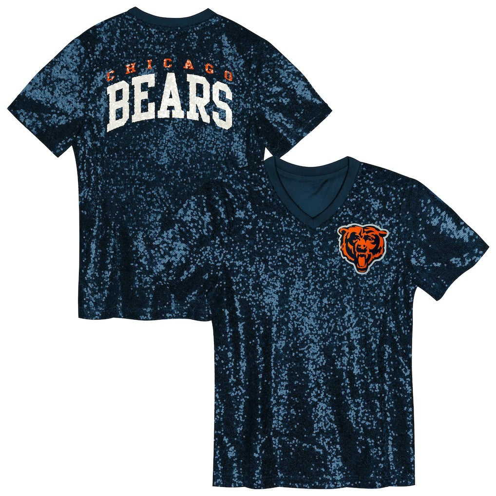 Chicago Bears Girls Youth Wordmark Sequin V-Neck Top - Navy Tops