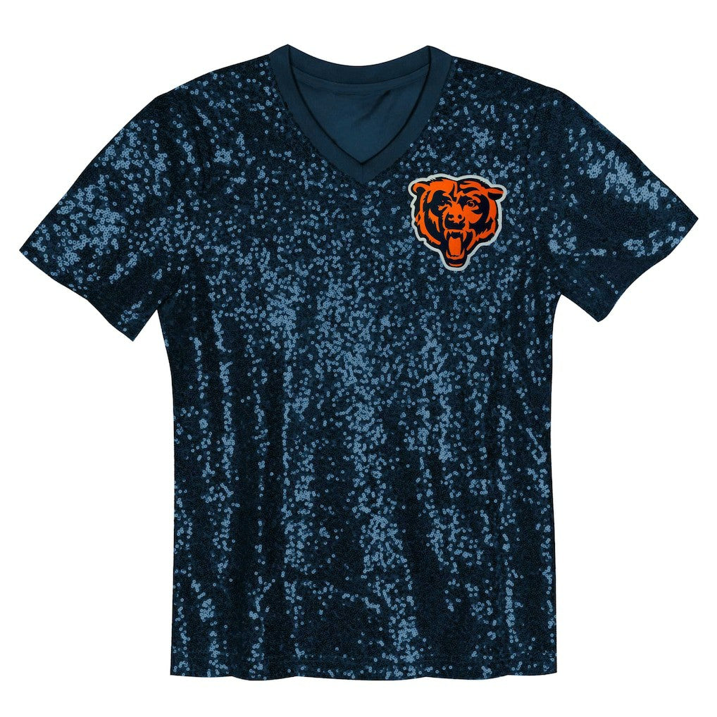 Chicago Bears Girls Youth Wordmark Sequin V-Neck Top - Navy Tops