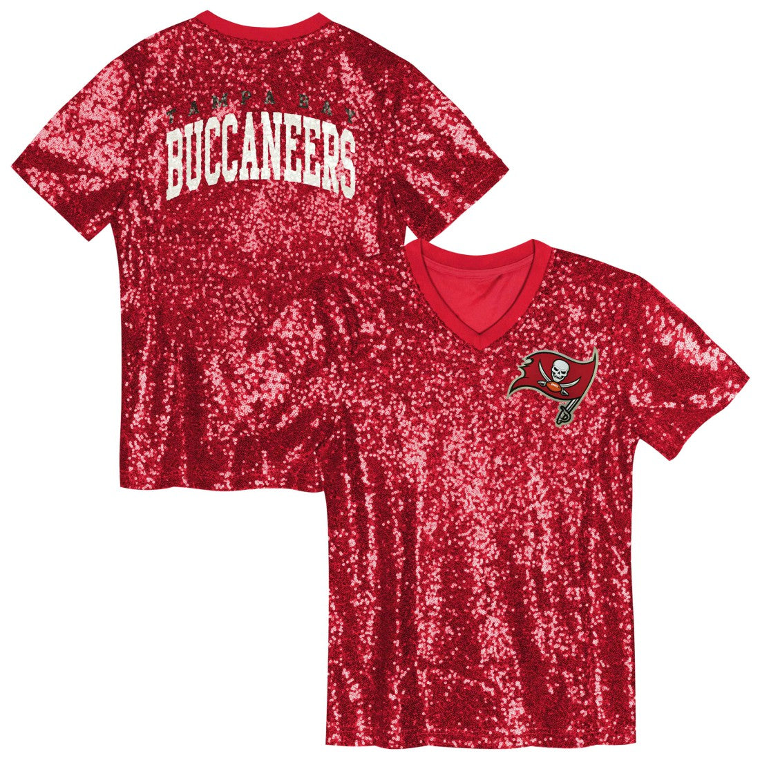 Tampa Bay Buccaneers Girls Youth Wordmark Sequin V-Neck Top - Red Tops