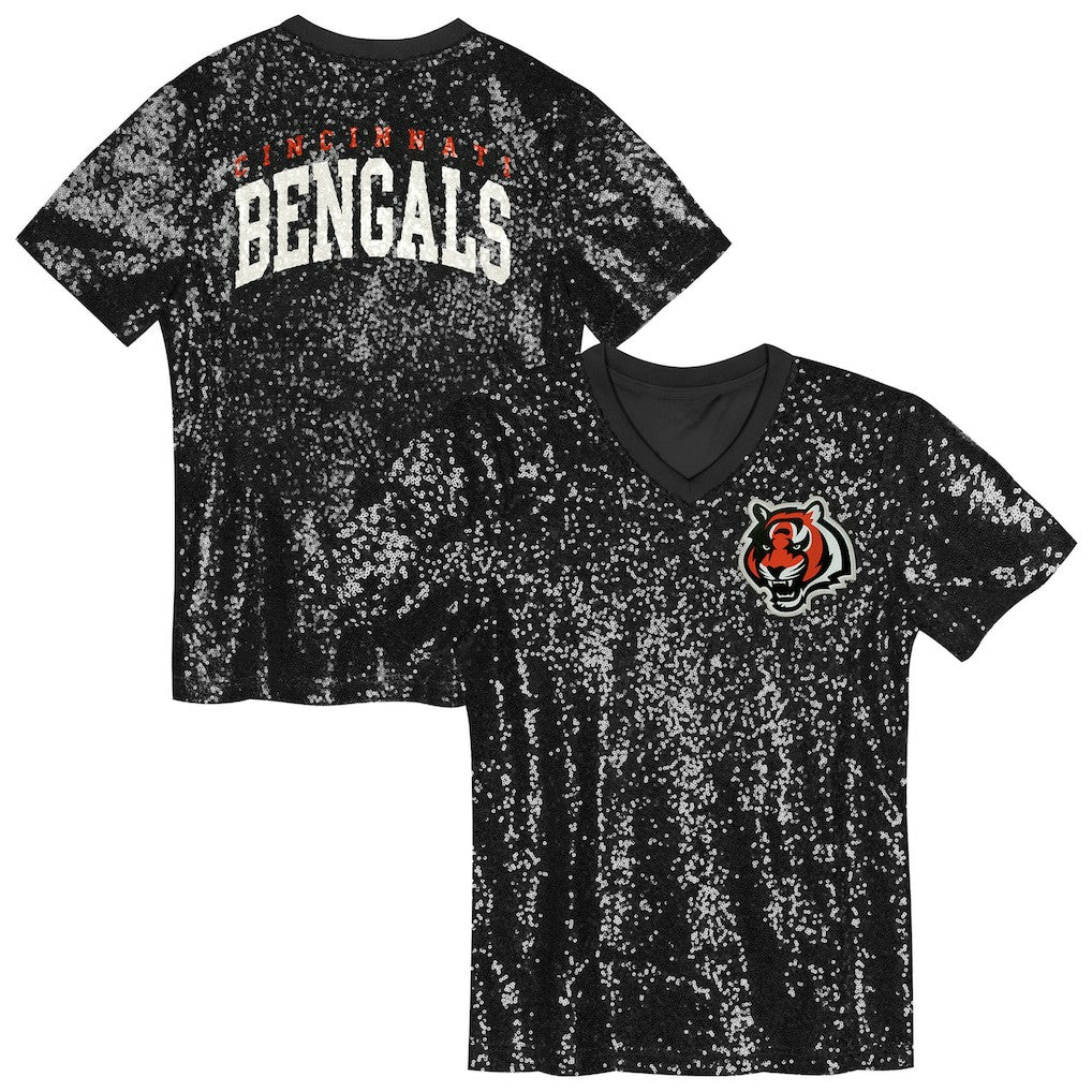 Cincinnati Bengals Girls Youth Wordmark Sequin V-Neck Top - Black Tops