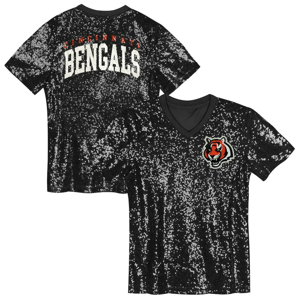 Cincinnati Bengals Girls Youth Wordmark Sequin V-Neck Top - Black Tops
