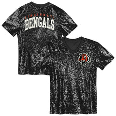 Cincinnati Bengals Girls Youth Wordmark Sequin V-Neck Top - Black Tops