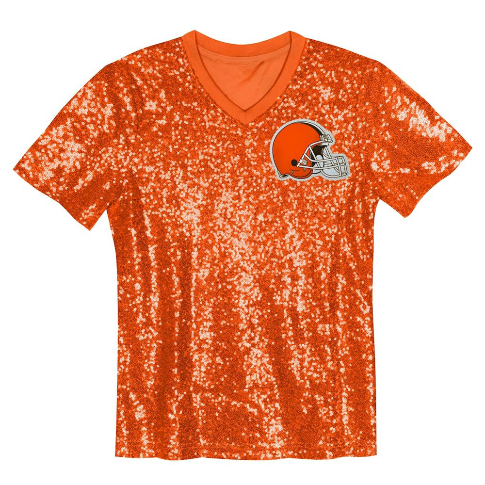 Cleveland Browns Girls Youth Wordmark Sequin V-Neck Top - Orange Tops