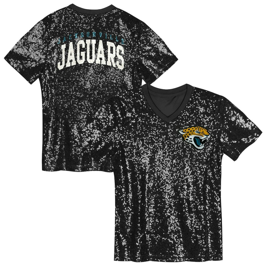 Jacksonville Jaguars Girls Youth Wordmark Sequin V-Neck Top - Black Tops