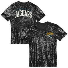 Jacksonville Jaguars Girls Youth Wordmark Sequin V-Neck Top - Black Tops