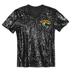 Jacksonville Jaguars Girls Youth Wordmark Sequin V-Neck Top - Black Tops