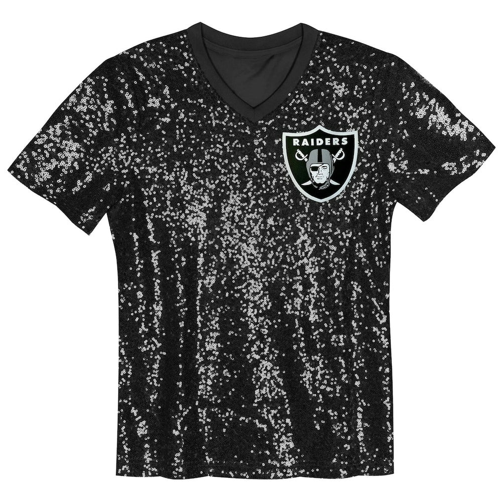 Las Vegas Raiders Girls Youth Wordmark Sequin V-Neck Top - Black Tops