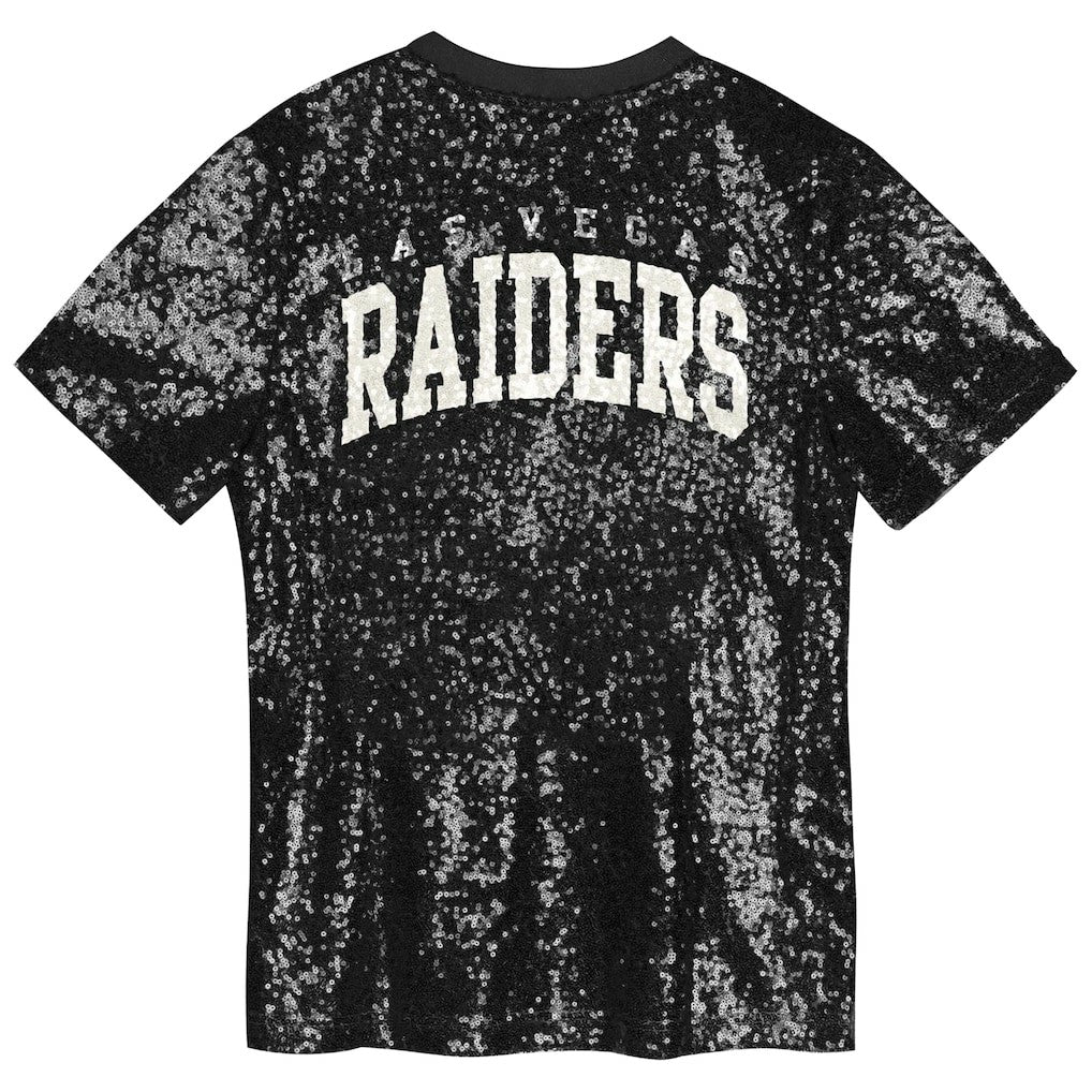 Las Vegas Raiders Girls Youth Wordmark Sequin V-Neck Top - Black Tops