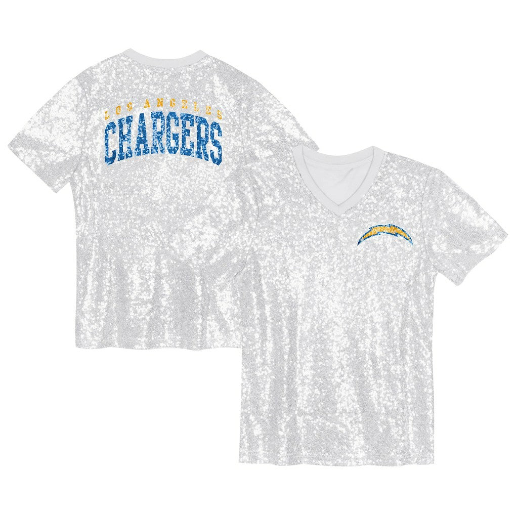 Los Angeles Chargers Girls Youth Wordmark Sequin V-Neck Top - White Tops