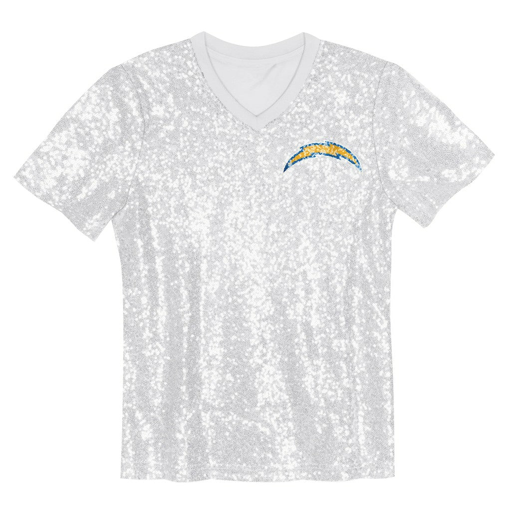 Los Angeles Chargers Girls Youth Wordmark Sequin V-Neck Top - White Tops