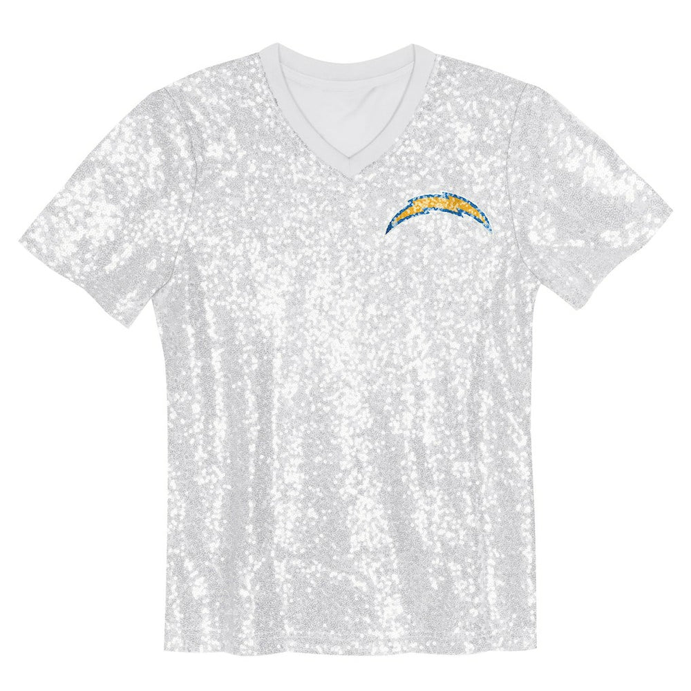 Los Angeles Chargers Girls Youth Wordmark Sequin V-Neck Top - White Tops