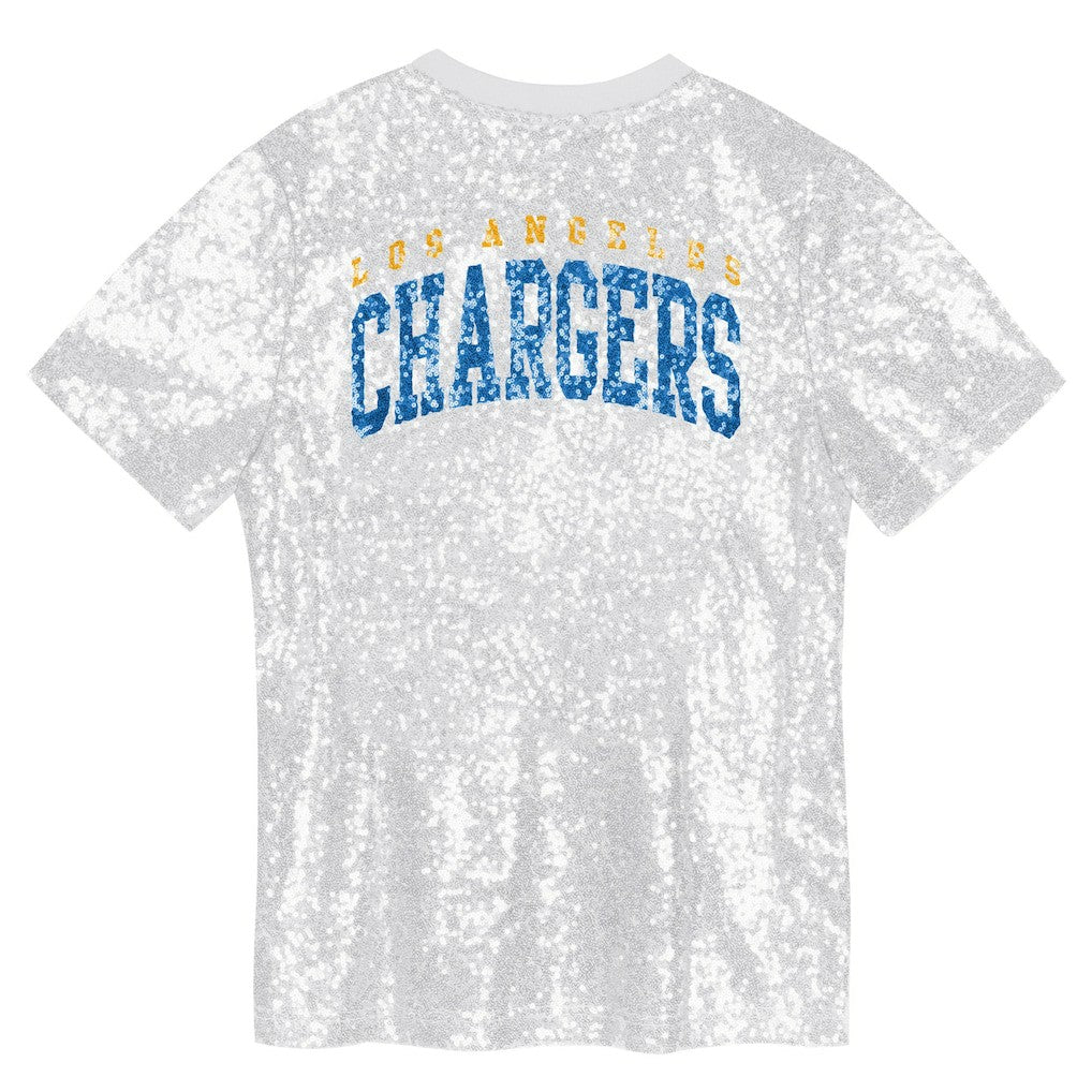 Los Angeles Chargers Girls Youth Wordmark Sequin V-Neck Top - White Tops