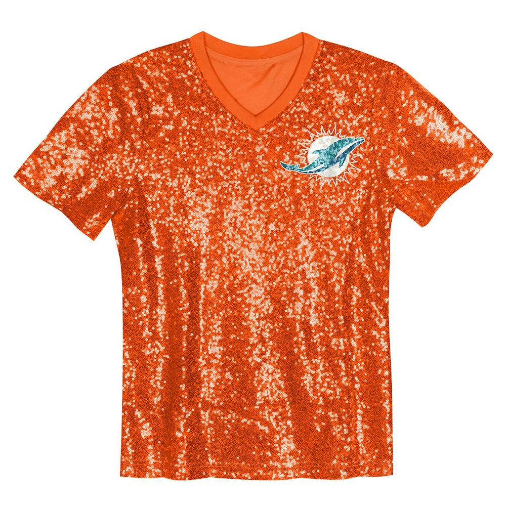 Miami Dolphins Girls Youth Wordmark Sequin V-Neck Top - Orange Tops
