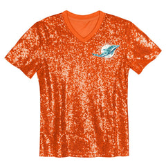 Miami Dolphins Girls Youth Wordmark Sequin V-Neck Top - Orange Tops