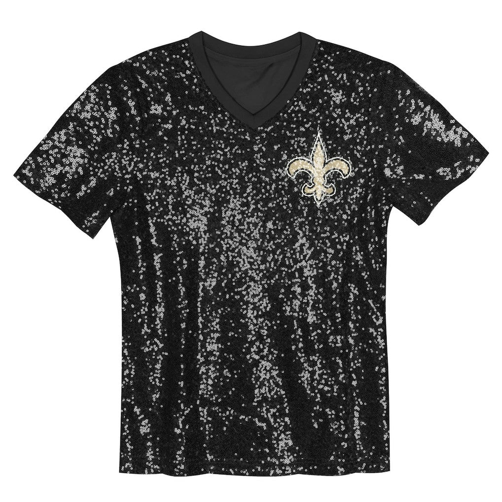 New Orleans Saints Girls Youth Wordmark Sequin V-Neck Top - Black Tops