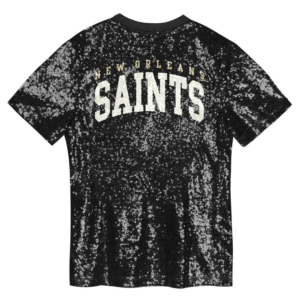 New Orleans Saints Girls Youth Wordmark Sequin V-Neck Top - Black Tops