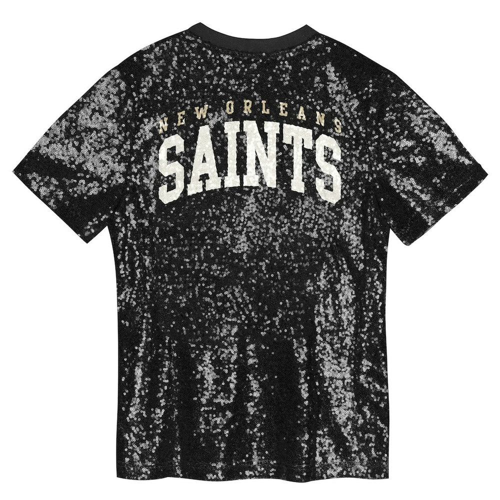New Orleans Saints Girls Youth Wordmark Sequin V-Neck Top - Black Tops