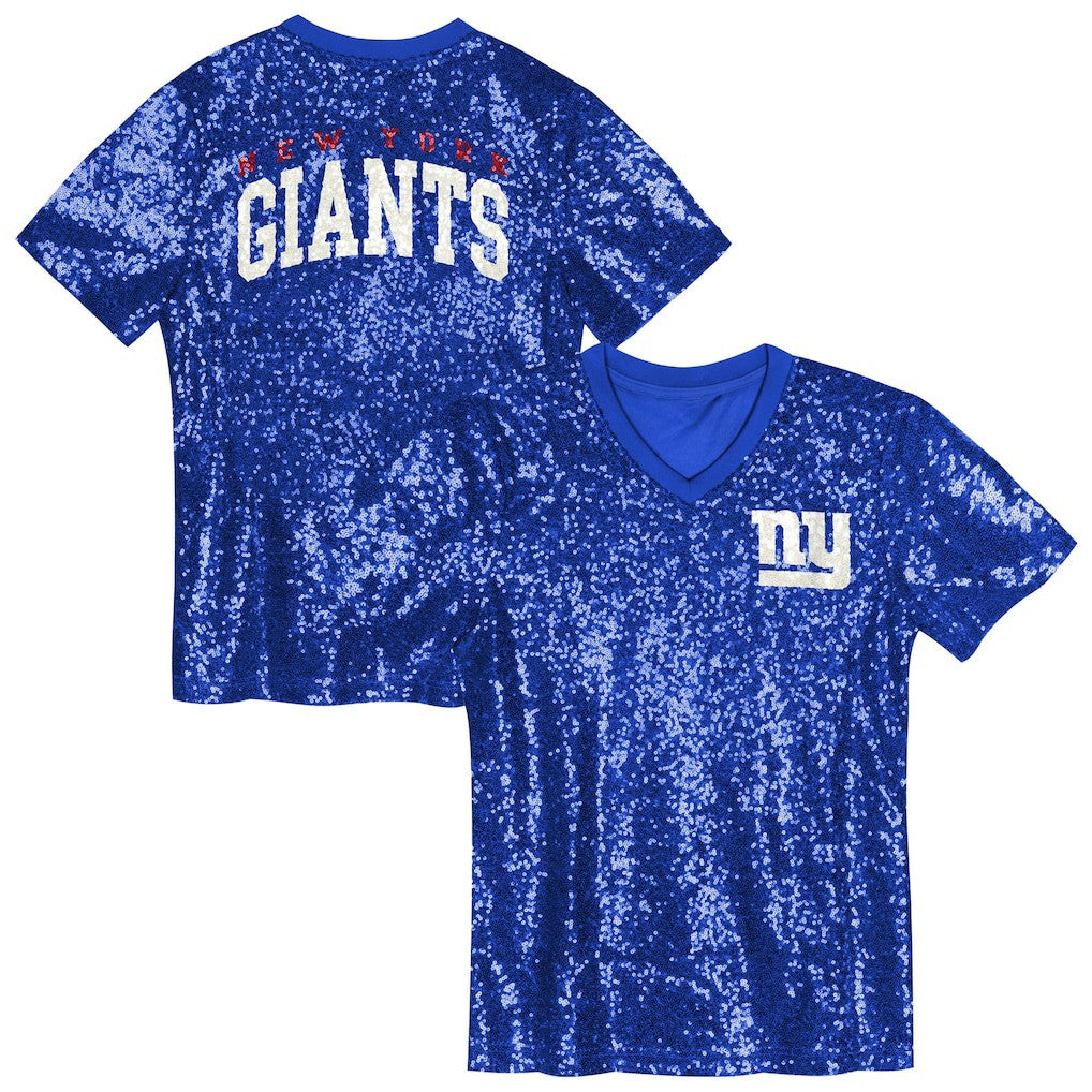 New York Giants Girls Youth Wordmark Sequin V-Neck Top - Royal Tops