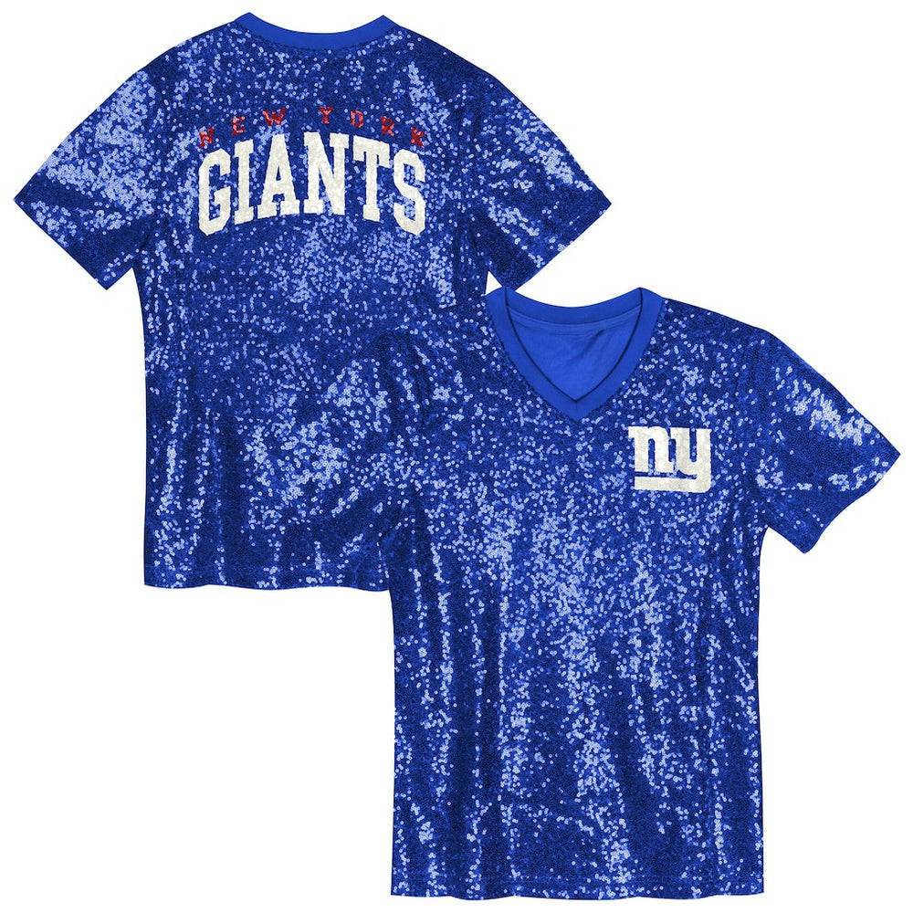 New York Giants Girls Youth Wordmark Sequin V-Neck Top - Royal Tops