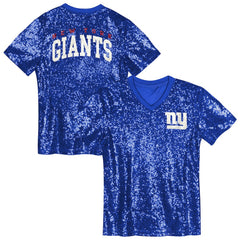 New York Giants Girls Youth Wordmark Sequin V-Neck Top - Royal Tops