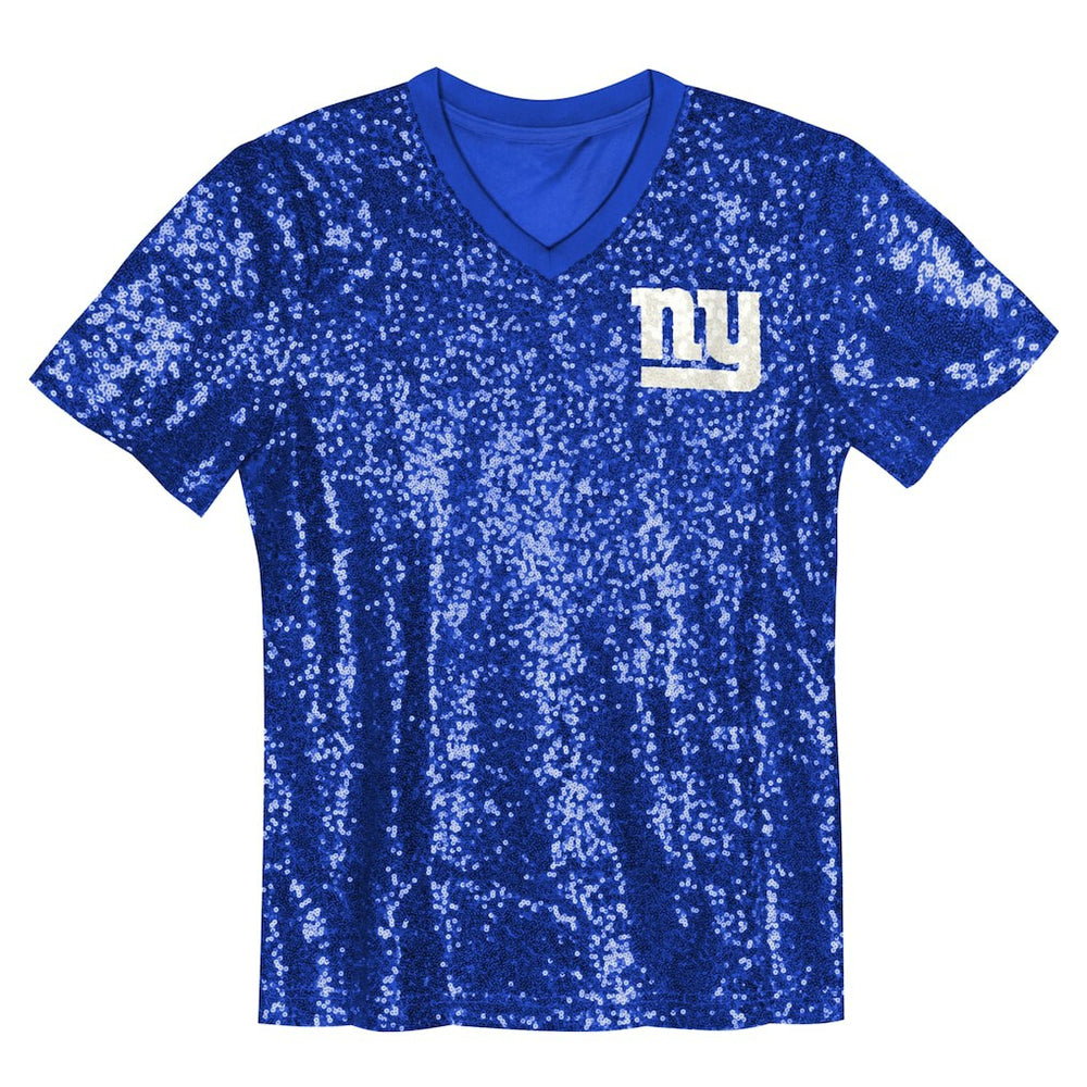 New York Giants Girls Youth Wordmark Sequin V-Neck Top - Royal Tops