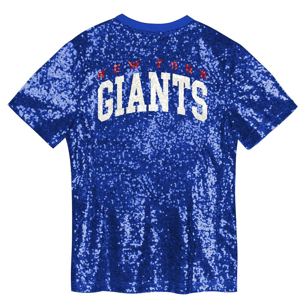 New York Giants Girls Youth Wordmark Sequin V-Neck Top - Royal Tops